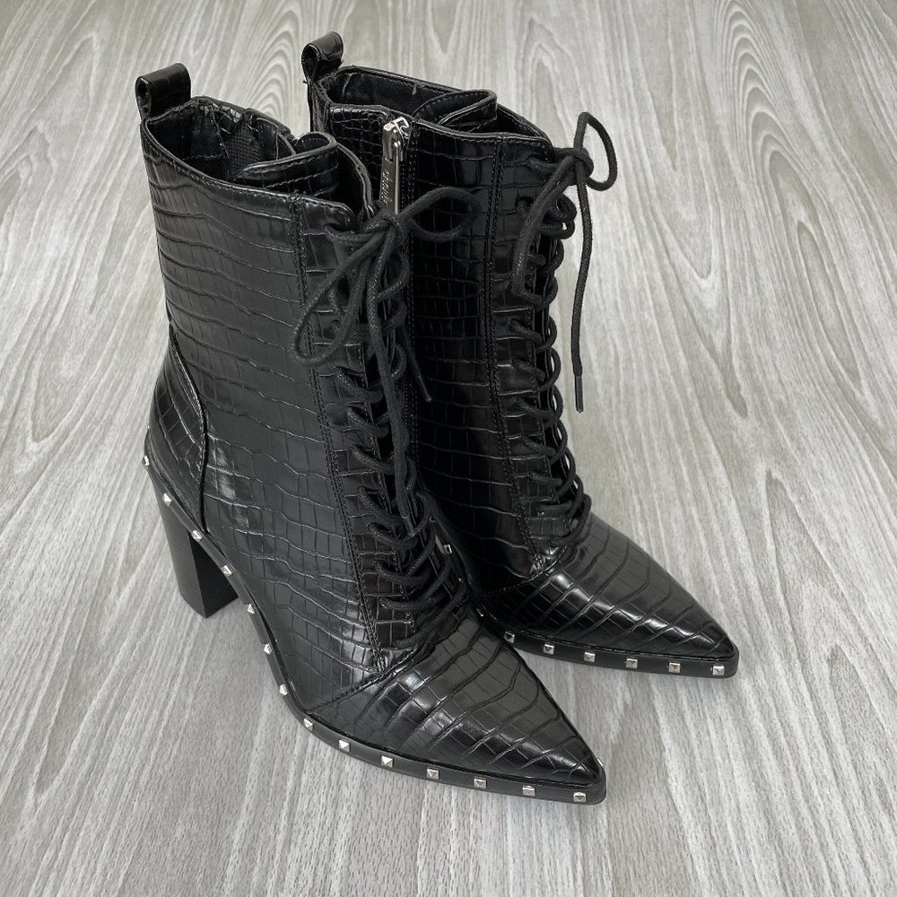 Charles David Duffy Faux Leather Lace Up Studded Croc Print Boots Black
